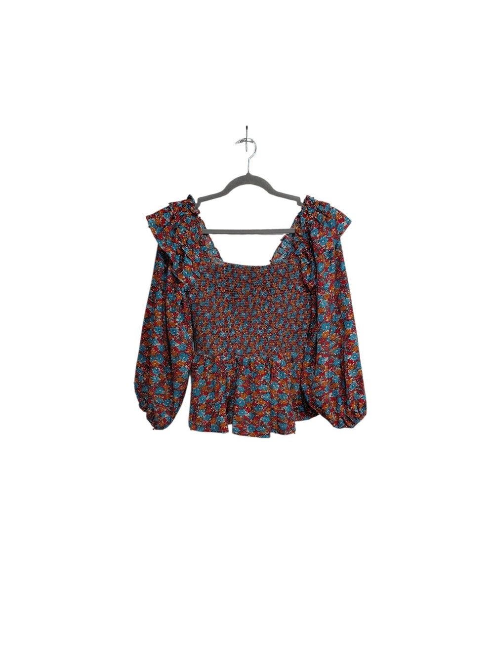 Anthropologie Red Multi Floral Smocked Peplum Blouse